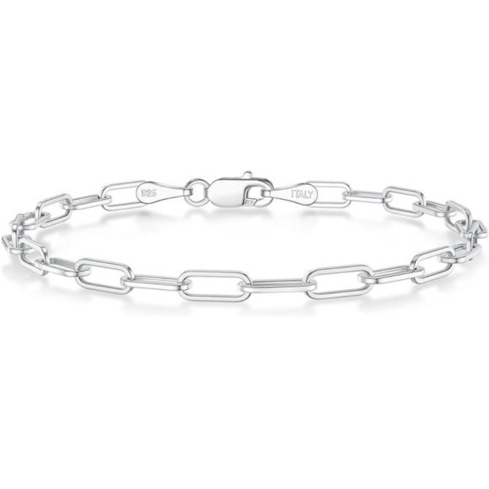 BRIJEWNES 925 Sterling Silver Clasp 3mm Paperclip Chain Bracelets for Women